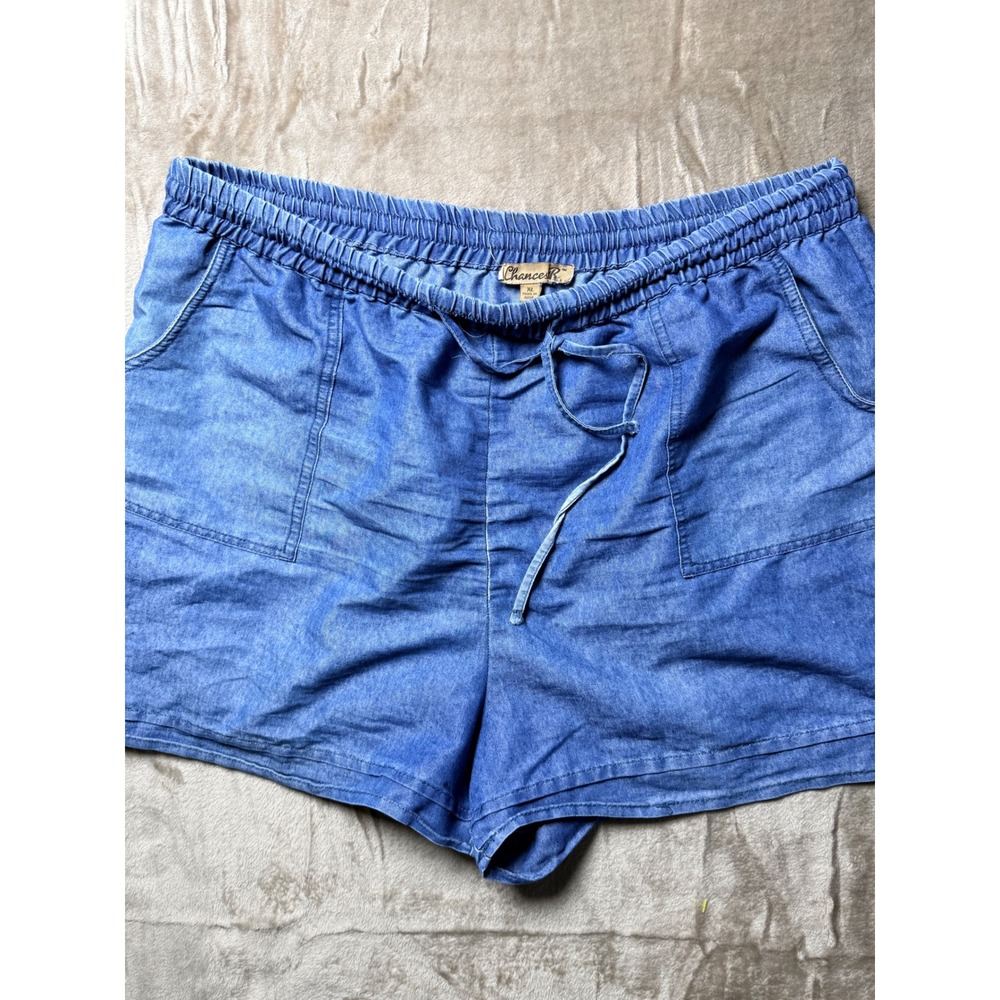 Chance R Womens Blue Chambray Drawstring Shorts‎ XL Elastic Waist Patch Pockets